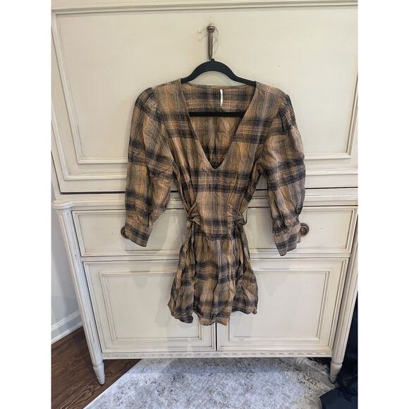 FREE PEOPLE $128 English Rose Yellow Black Plaid Bow Tie Back Mini Dress Size 6 - Picture 2 of 9